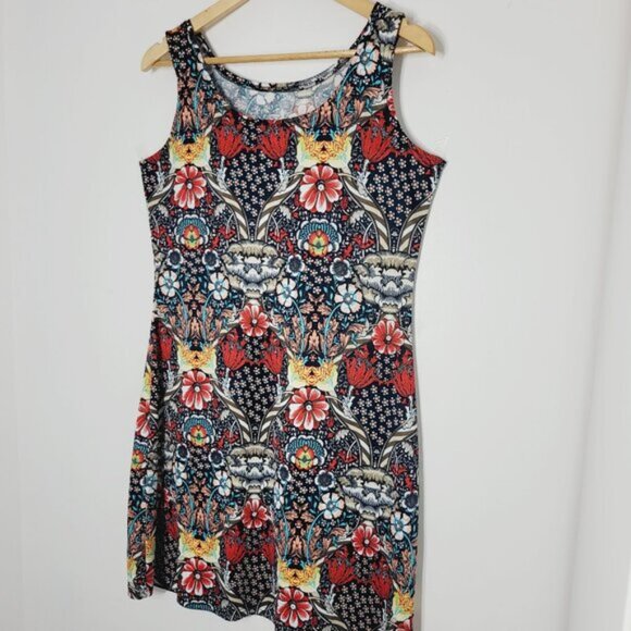 Women's Black Multicolored Floral Print Sleeveless Lightweight Casual Dress Sz L - Picture 2 of 7